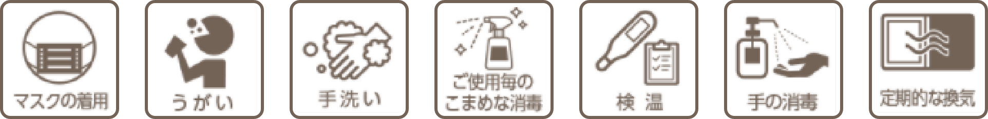 マスクの着用 うがい 手洗い ご使用ごとのこまめな消毒 検温 手の消毒 定期的な換気